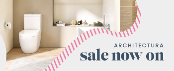 image of a close coupled toilet with a stripy curved dividing border and text saying Architectura Sale Now on