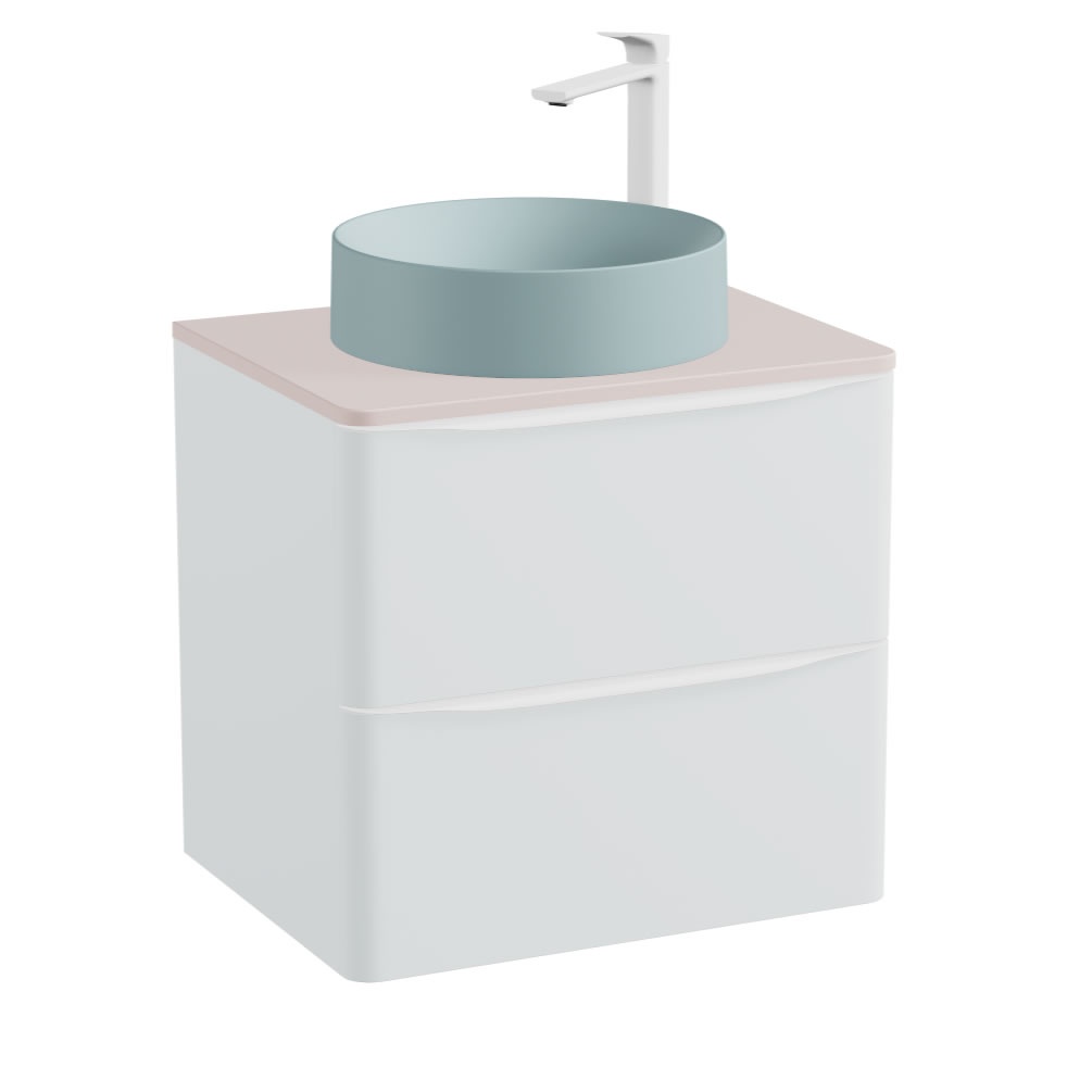 Vado Cameo 600mm Arctic White Vanity Unit With Pink Worktop & Blue Basin