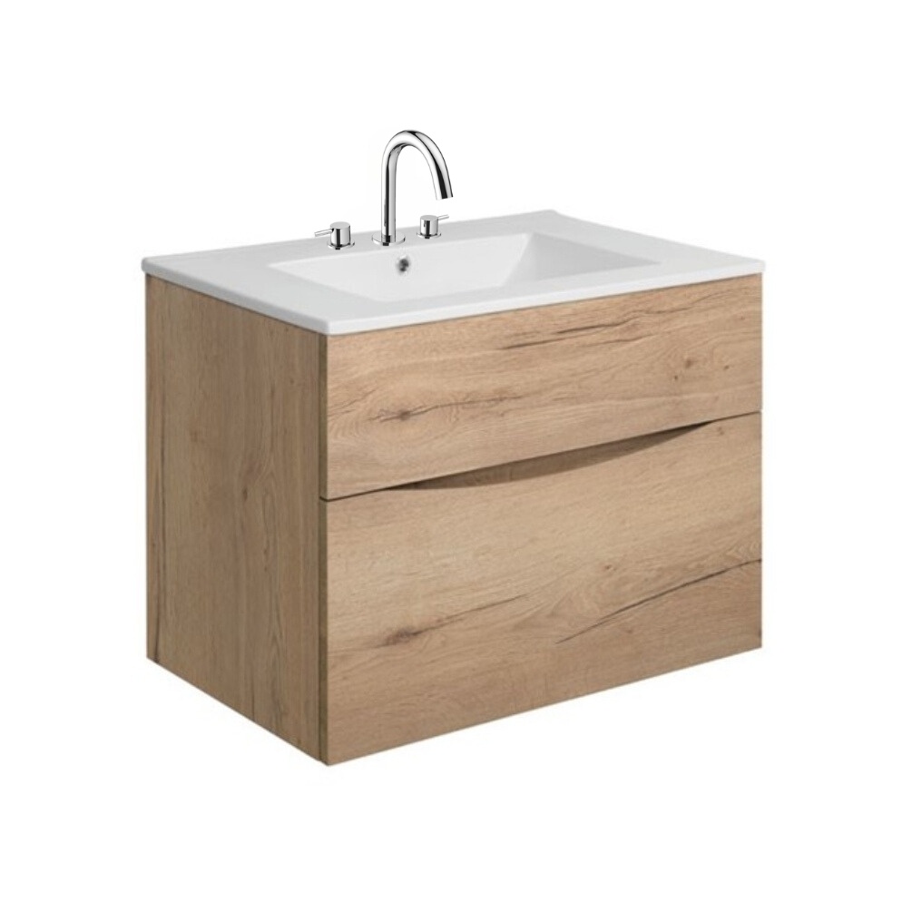 Product Cut out image of the Crosswater Glide II Windsor Oak 700mm Double Drawer Unit with Ceramic 3 Tap Hole Basin