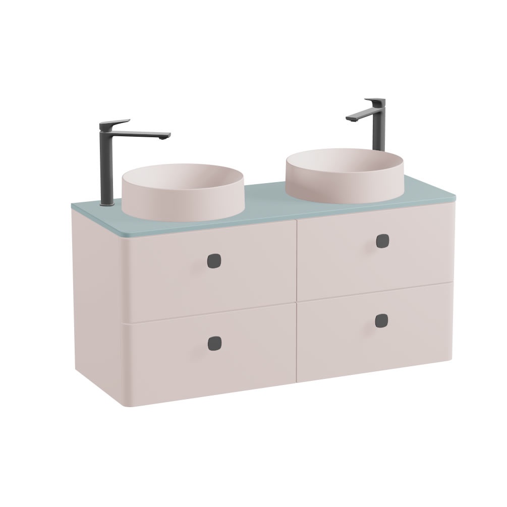 Vado Cameo 1200mm Pink Clay Wall Hung 4 Drawer Vanity Unit, Cove Blue Worktop & Pink Basins