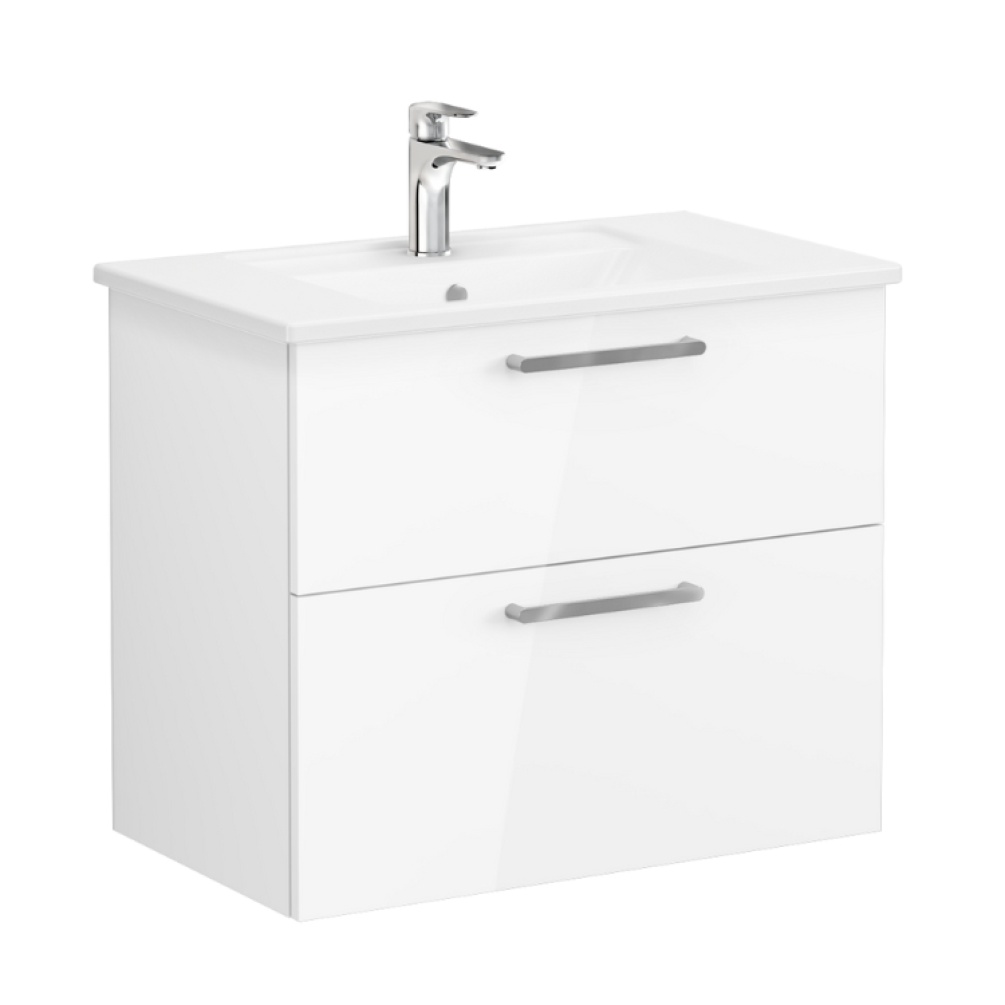 Product Cut out image of VitrA Root Flat White 800mm Washbasin Drawers Unit 67952 with chrome handles