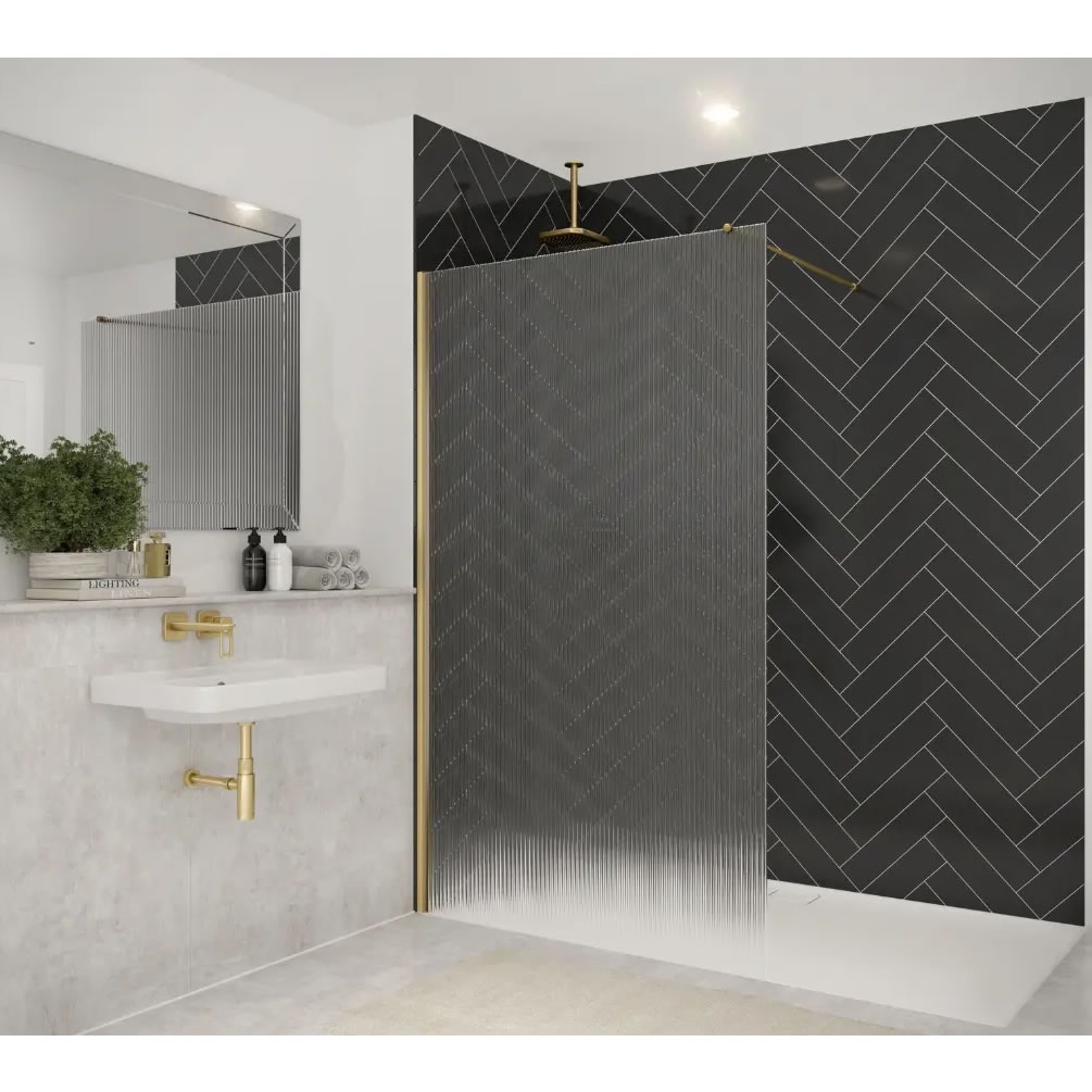Lifestyle image of Merlyn Brushed Brass 900mm Fluted Wetroom Screen