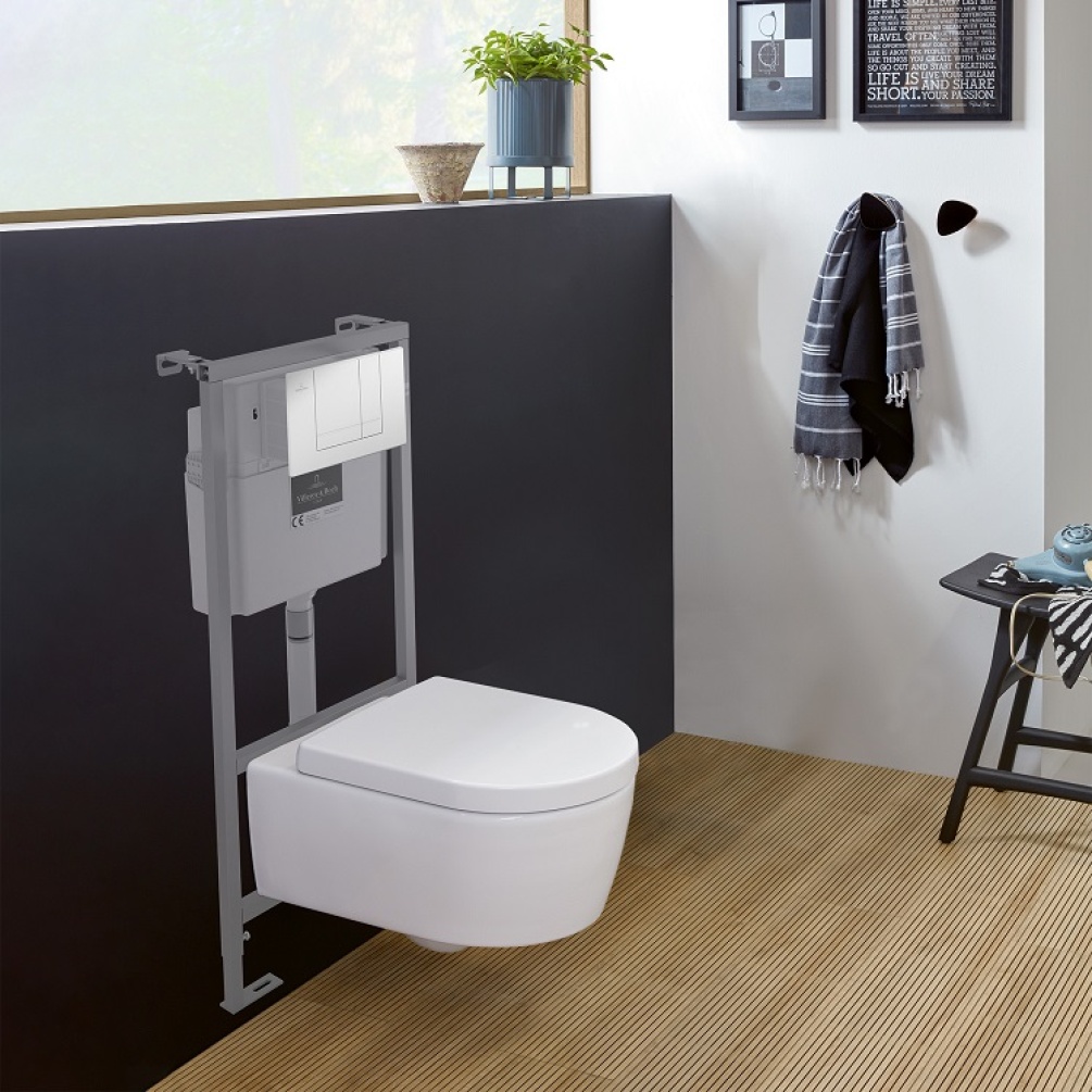 Product lifestyle image of Villeroy and Boch Wall Hung Avento WC with Wall Hung Toilet ViConnect Pro 1.12m Frame and Chrome Dual Flush Plate Pack 5656HR01 92214461