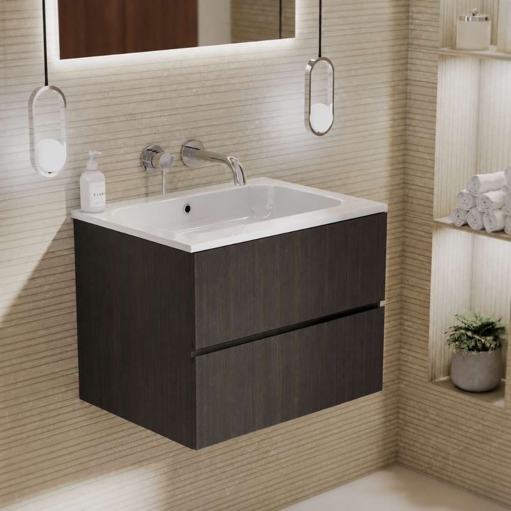 lifestyle image of zero eucalypto 600mm double drawer wall hung vanity unit with gloss white basin 0TH