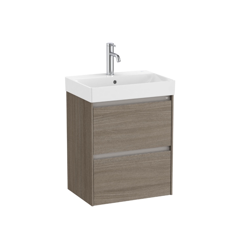 Cut out image of Roca Ona Compact 500mm x 360mm Dark Elm Wall Hung 2 Drawer Cloakroom Vanity Unit & Basin