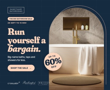 image  of a wooden vanity unit with brushed brass on coloured background with up to 60% off text and the big bathroom sale along with crosswater logo