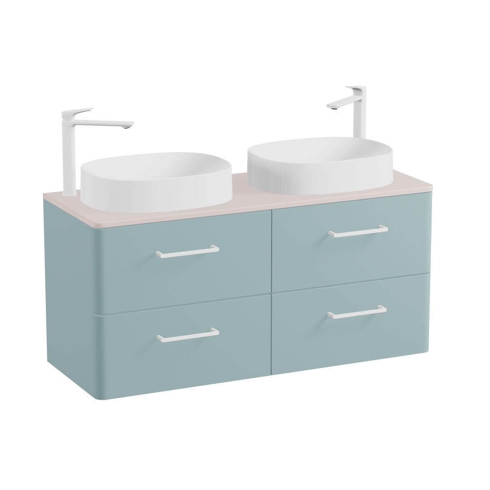 Vado Cameo 1200mm Cove Blue Wall Hung 4 Drawer Vanity Unit, Pink Worktop & Gloss Basins