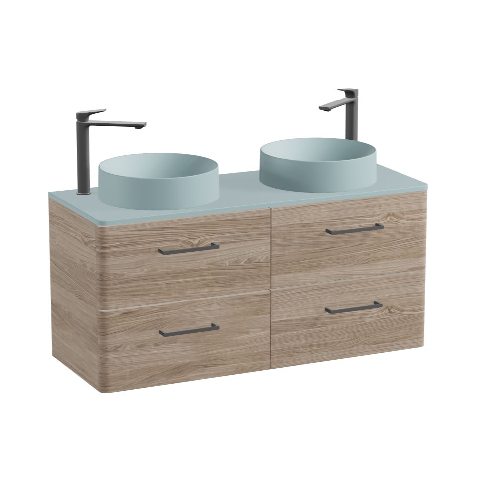 Vado Cameo 1200mm Natural Oak Wall Hung 4 Drawer Vanity Unit, Cove Blue Worktop & Round Basins
