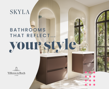 image of two grey wall hung vanity units in a beige bathroom with windows and mirrors with text saying bathrooms that reflect your style, Villeroy & boch logo and Skyla