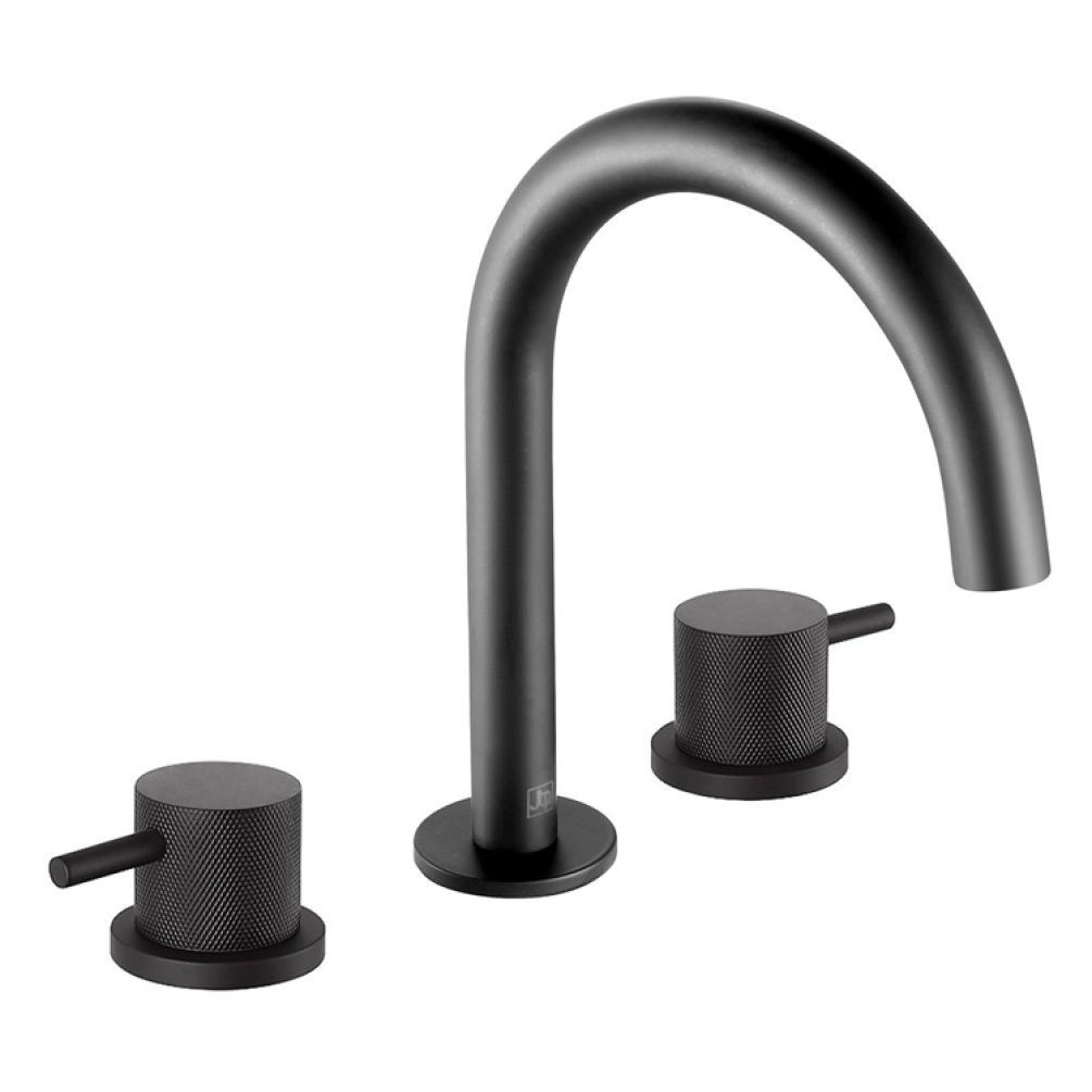 Product Cut out image of the JTP Vos Matt Black 3 Tap Hole Deck Mounted Basin Mixer With Knurled Handles