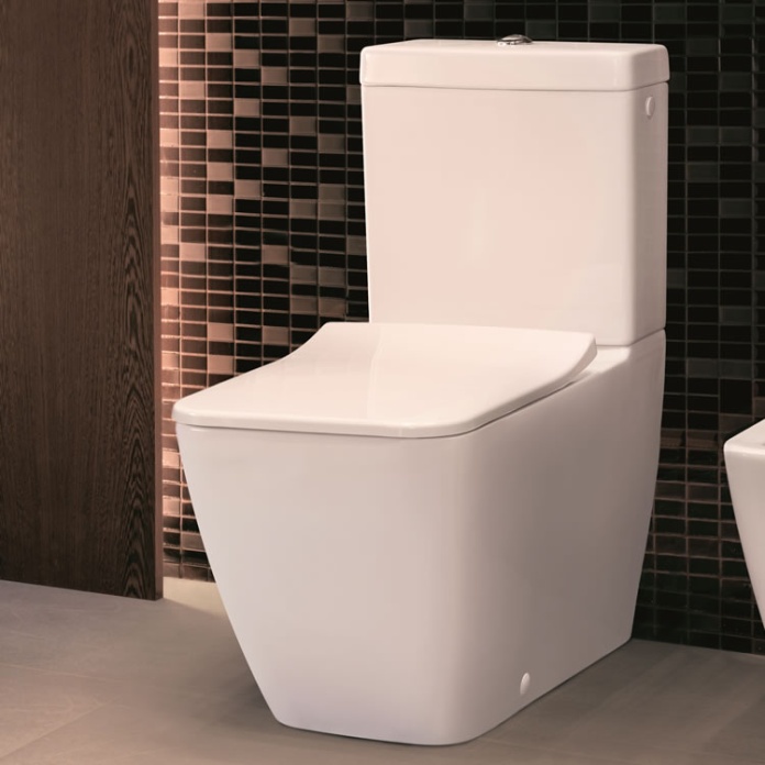 Lifestyle image of Villeroy and Boch Venticello Rimless Close-Coupled WC against black and white tiled wall.