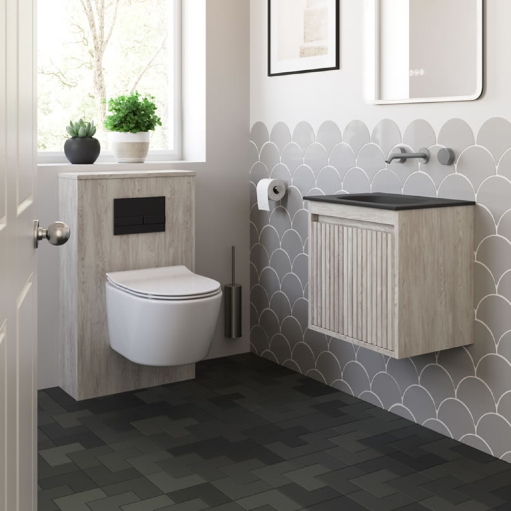 Lifestyle image of Crosswater Flute Nordic Oak Wall-Hung Vanity Unit & Basin