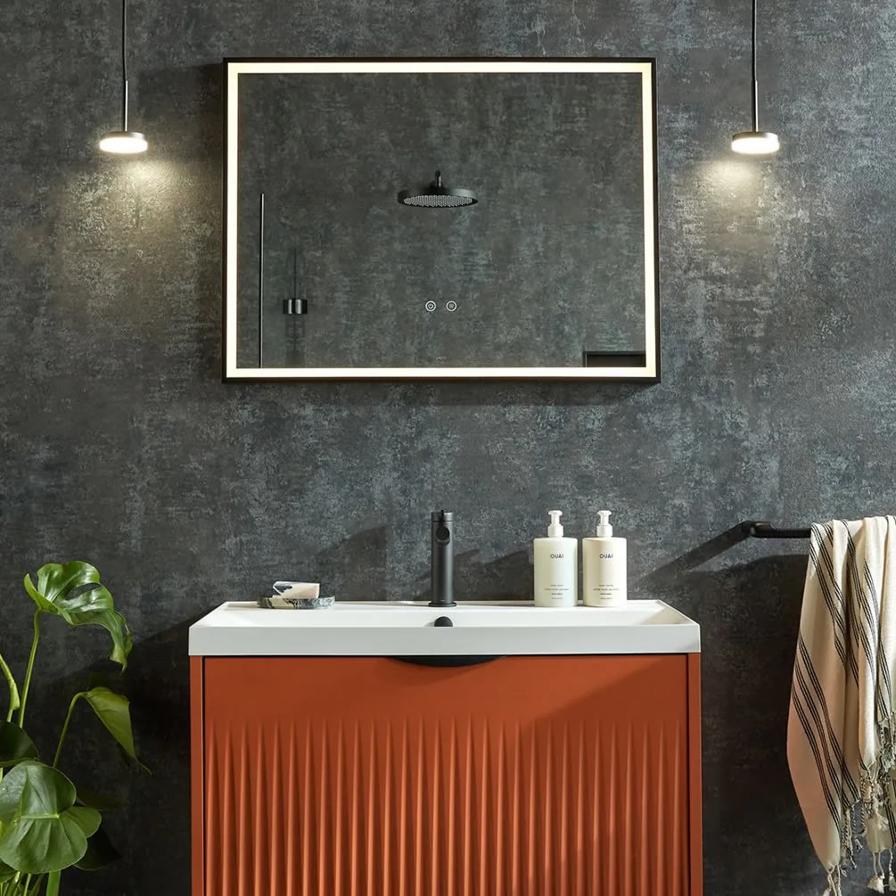 Vado Safari Matt Black 800mm Illuminated Mirror With 2 Pendant Disc Lights - Lifestyle Image 1