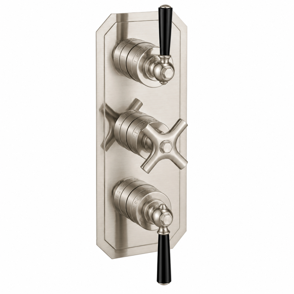Cut out image of the Crosswater Waldorf Brushed Nickel 2 Outlet 3 Handle Black Lever Thermostatic Shower Valve