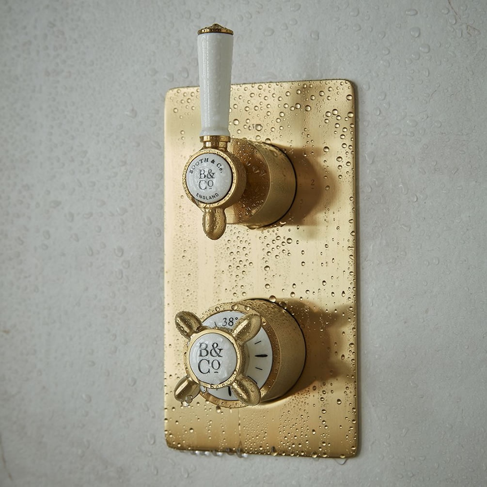 Booth & Co. Axbridge Brushed Brass 2 Outlet 2 White Handle Shower Valve - Lifestyle Image 1