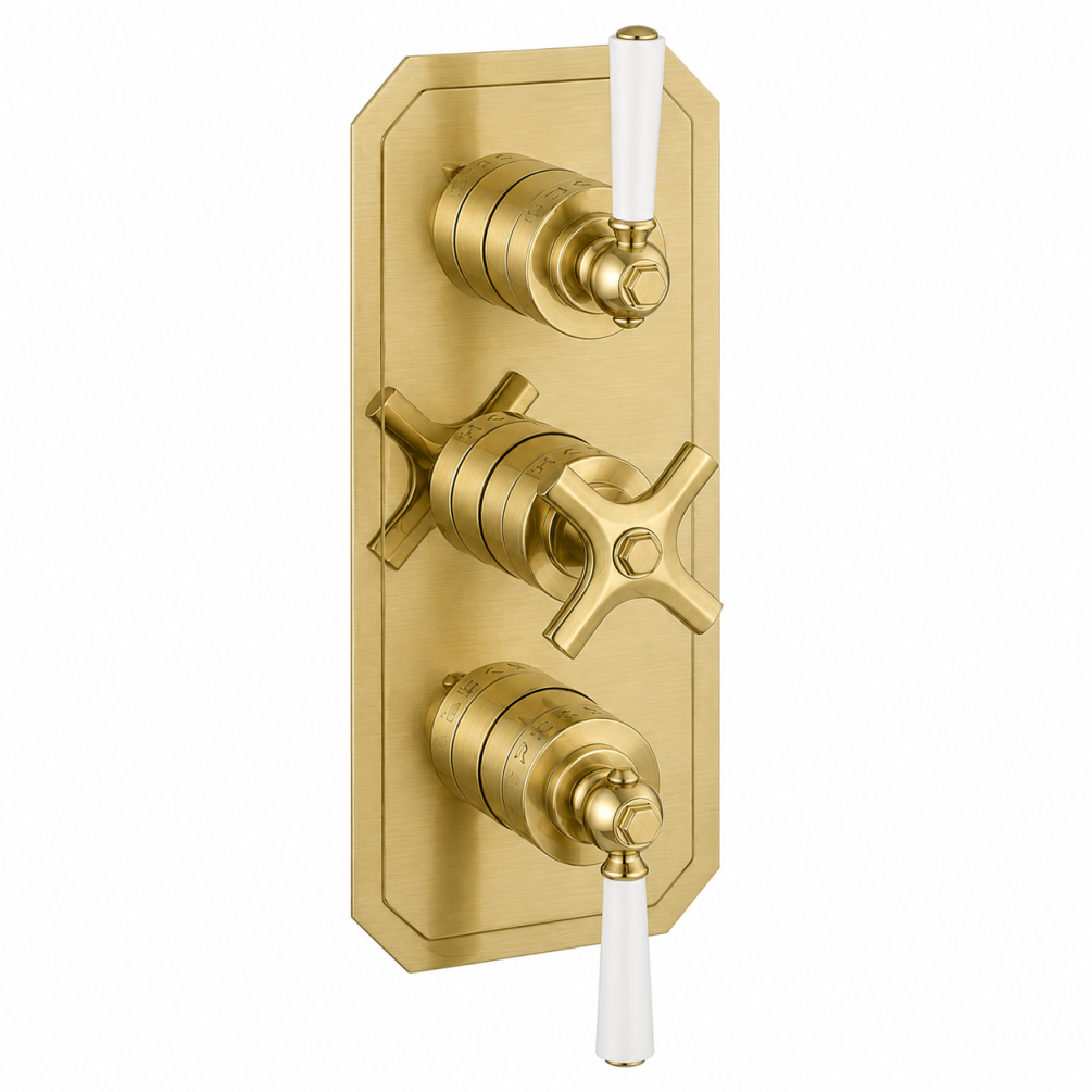 Cut out image of the Crosswater Waldorf Brushed Brass 3 Outlet 3 Handle White Lever Thermostatic Shower Valve
