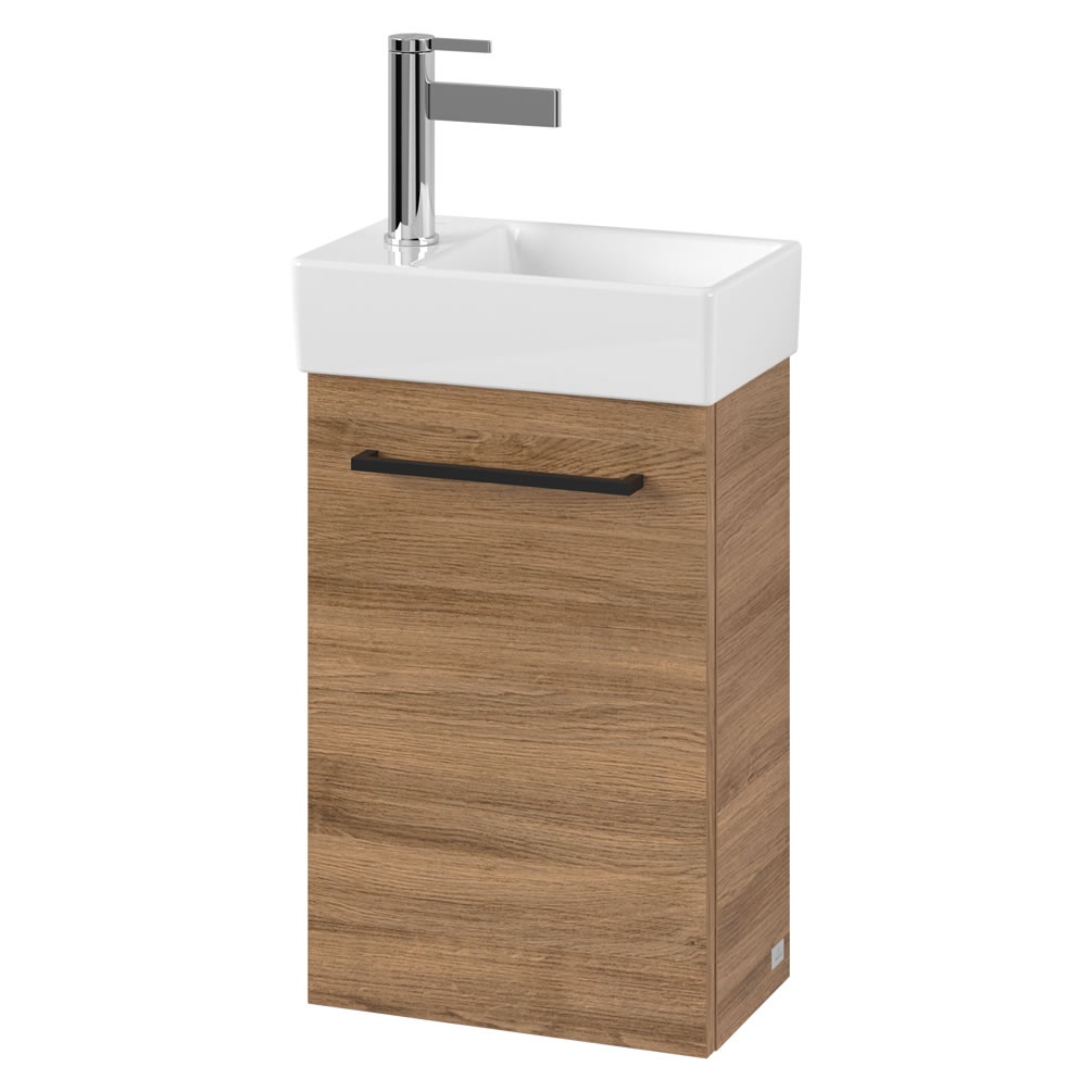 Cutout image of Villeroy & Boch Avento Kansas Oak 360mm Left-Handed Cloakroom Vanity Unit black handle