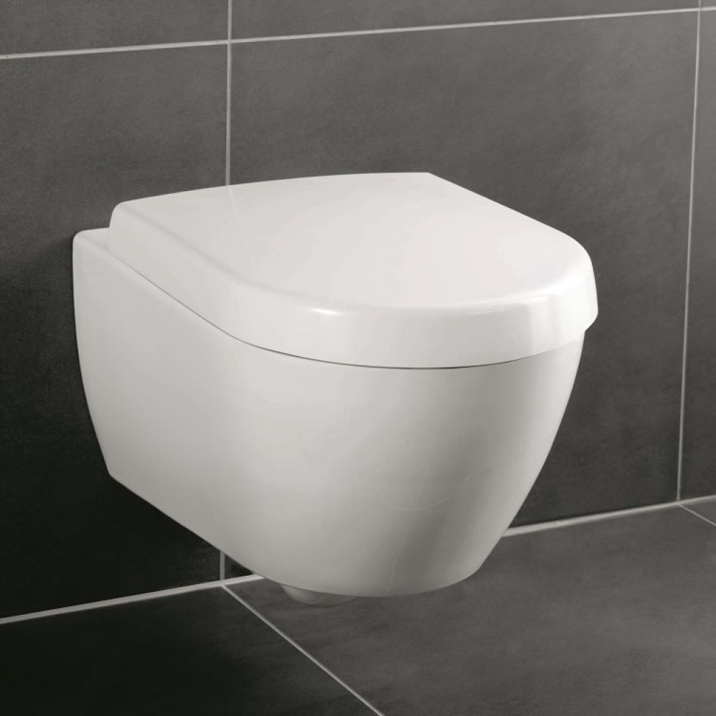 Lifestyle image of Villeroy & Boch Subway 2.0 Rimless Wall-Hung WC against grey tiles.