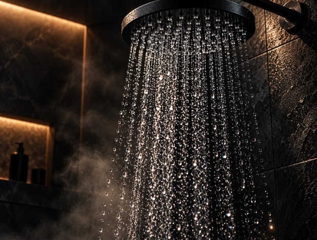 A shower head with water running in the dark