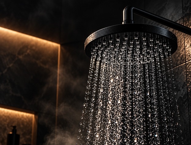 A shower head with water running in the dark