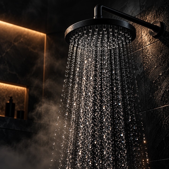A shower head with water running in the dark