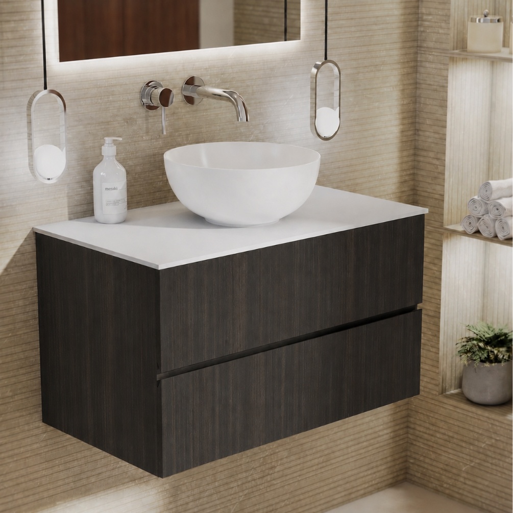 product lifestyle image of Zero Eucalypto 800mm Double Drawer Wall Hung Vanity Unit and Matt White Worktop 1042-BL1167C-130X