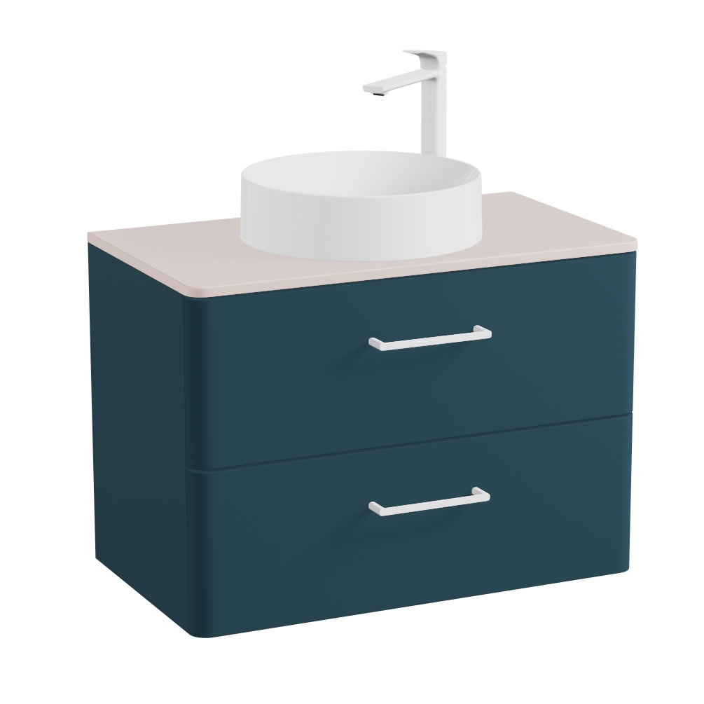 Vado Cameo 800mm Atlantic Blue Wall Hung 2 Drawer Vanity Unit, Pink Worktop & Gloss Basin