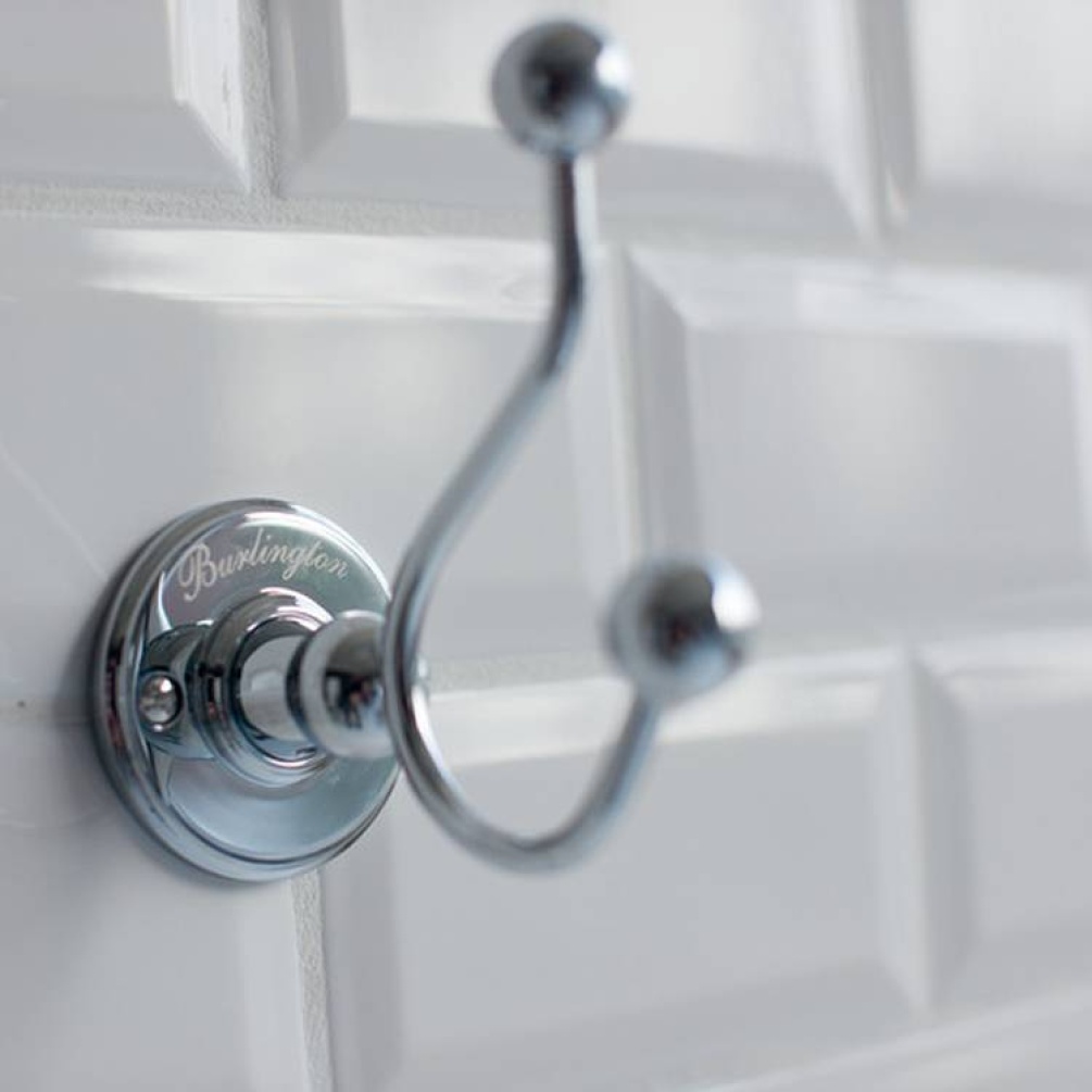 Close up product lifestyle image of the Burlington Chrome Double Robe Hook