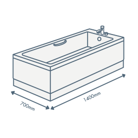 iconography image of a bathtub with 1400mm length text and 700mm width text illustrating this sized bath