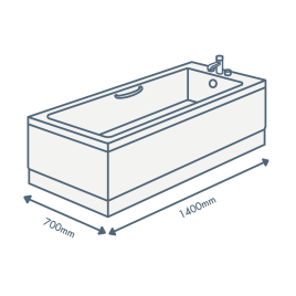 iconography image of a bathtub with 1400mm length text and 700mm width text illustrating this sized bath