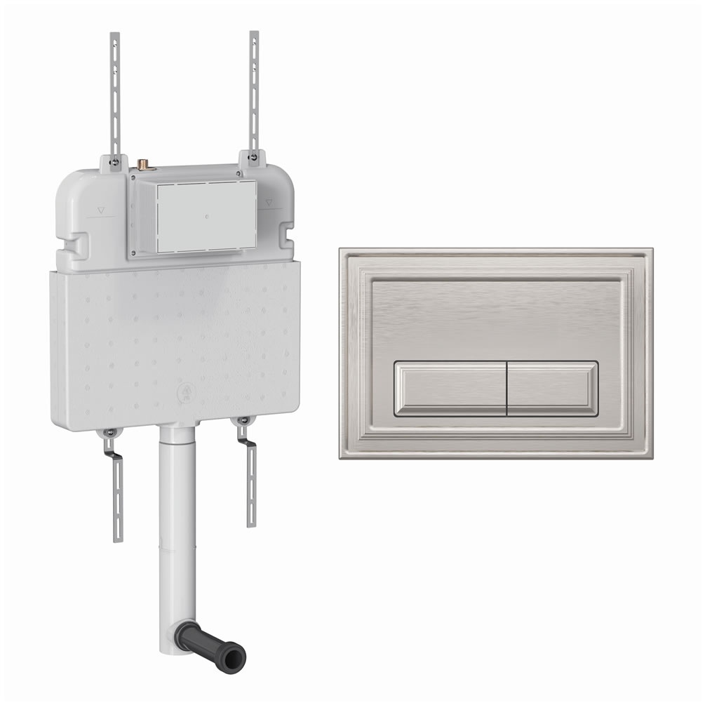 Cutout image of Crosswater 530mm Concealed Back-to-Wall Cistern & Belgravia Brushed Nickel Dual Flush Plate]