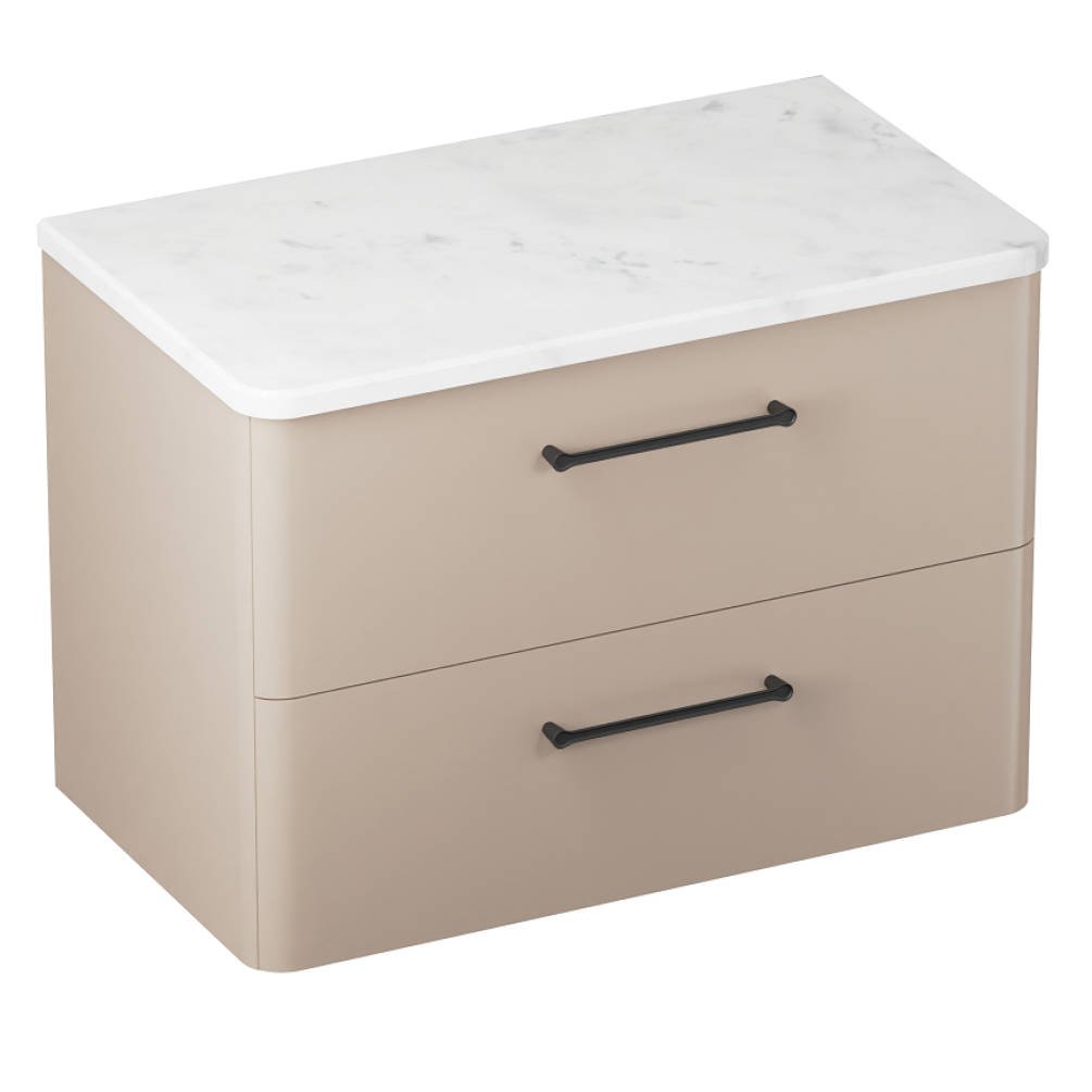 Product cut out photo of Britton Bathrooms Camberwell 800mm Warm Beige Wall Hung Vanity Unit with black Handles C80DDM Side Angle