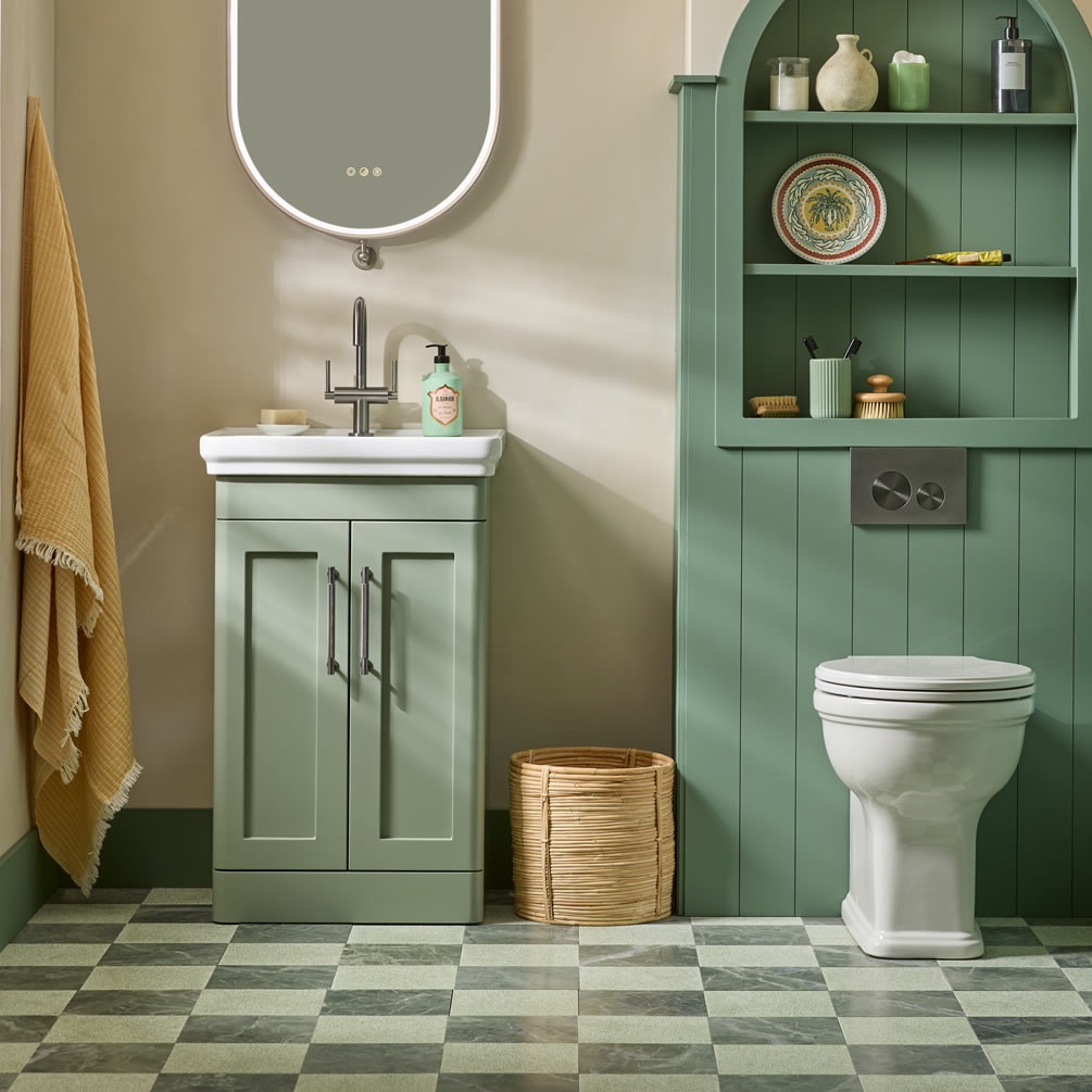 Tavistock Marston 500mm Matt Laurel Green Freestanding Vanity Unit & Basin - Lifestyle Image 1