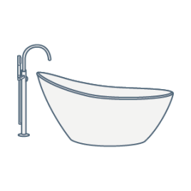 iconography image of a slipper bath. The freestanding bath is shaped like a slipper with a taller end to bath from at one end