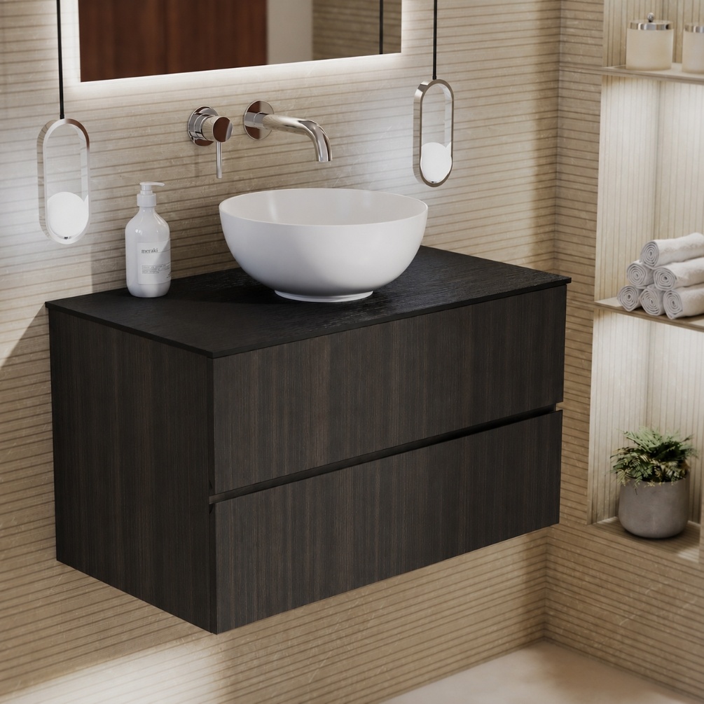 product lifestyle image of Zero Eucalypto 800mm Double Drawer Wall Hung Vanity Unit and Mune Black Worktop 1042-BL1167C-130X