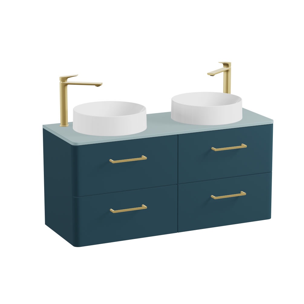 Vado Cameo 1200mm Atlantic Blue Wall Hung 4 Drawer Vanity Unit, Cove Blue Worktop & Gloss Basins