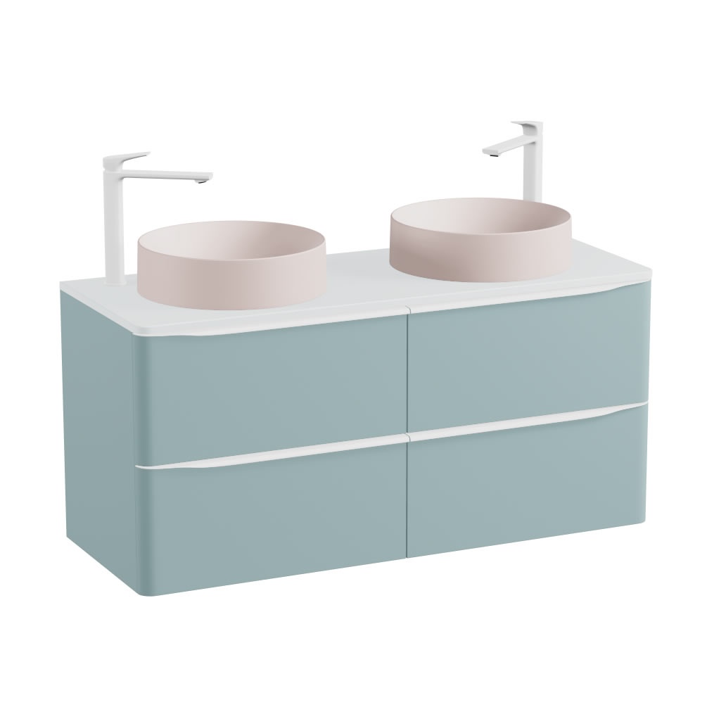 Vado Cameo 1200mm Cove Blue Wall Hung 4 Drawer Vanity Unit, Arctic Worktop & Pink Clay Basin
