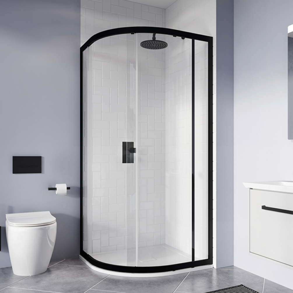 Lifestyle image of Crosswater Clear 6 Matt Black Offset Quadrant Single Door Shower Enclosure
