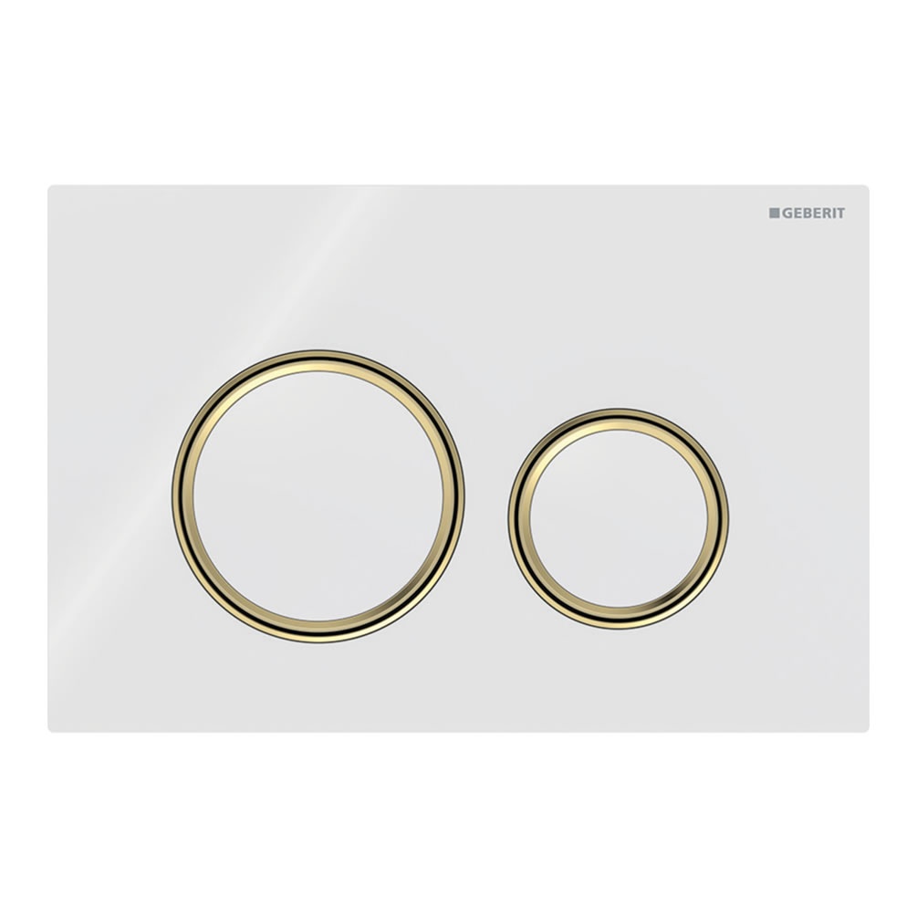Cutout image of Geberit Sigma50 Round White Glass / Brushed Brass Dual Flush Plate
