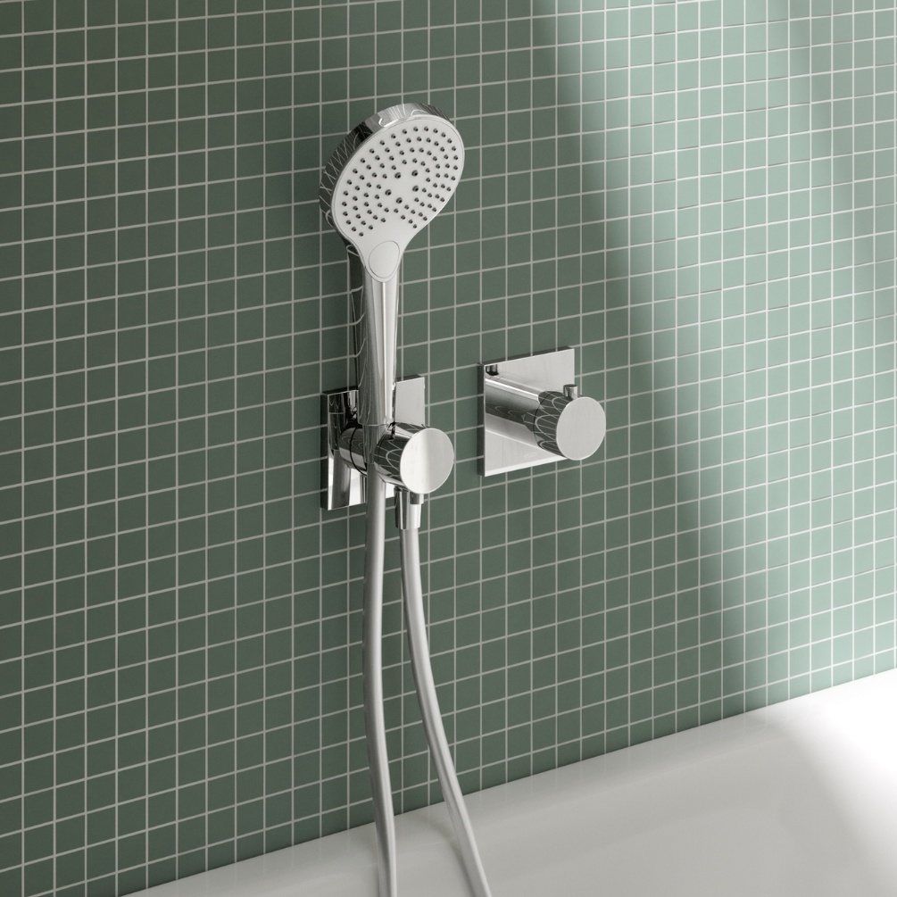 Product Lifestyle image of the Keuco IXMO Chrome Square Thermostatic Mixer 59553 010002 paired with a handset shower