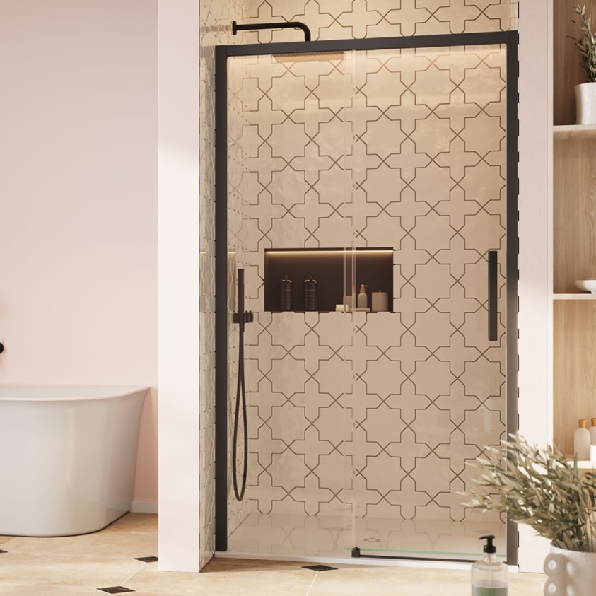 1400x900mm Black 8mm Glass Rectangular Sliding Shower Enclosure With Shower Tray - Pavo - Better Bathrooms - View #4