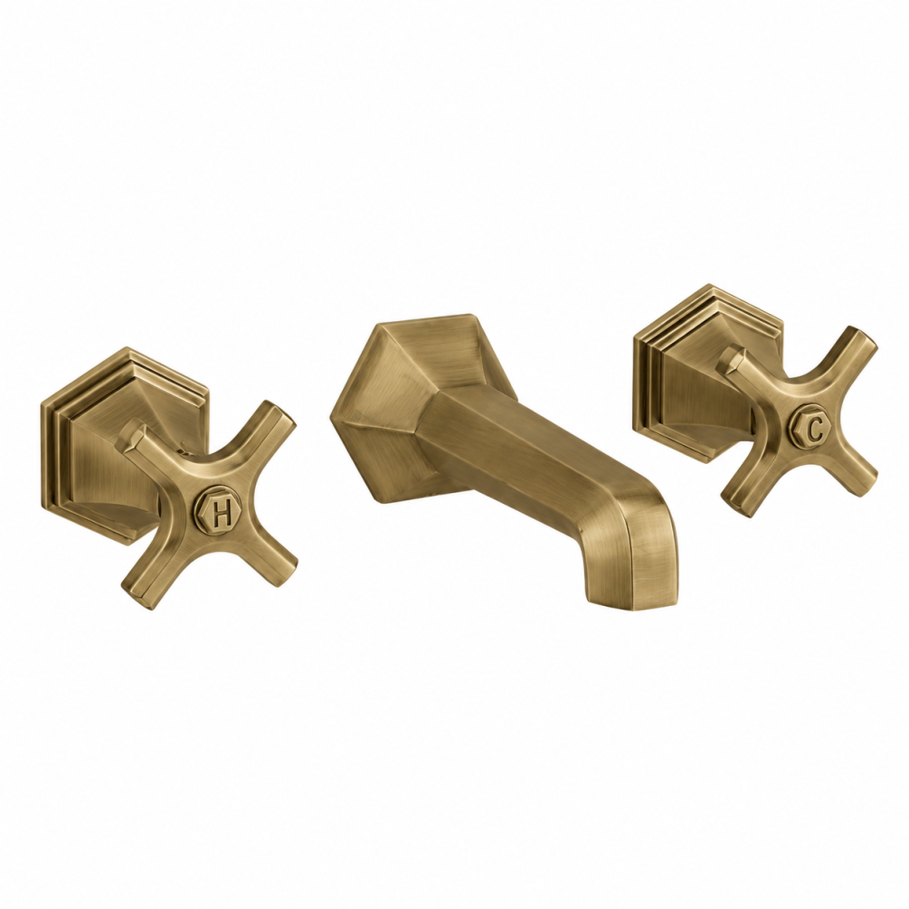 Cut out image of the Crosswater Waldorf Brushed Brass 3 Tap Hole Crosshead Wall Mounted Basin Mixer