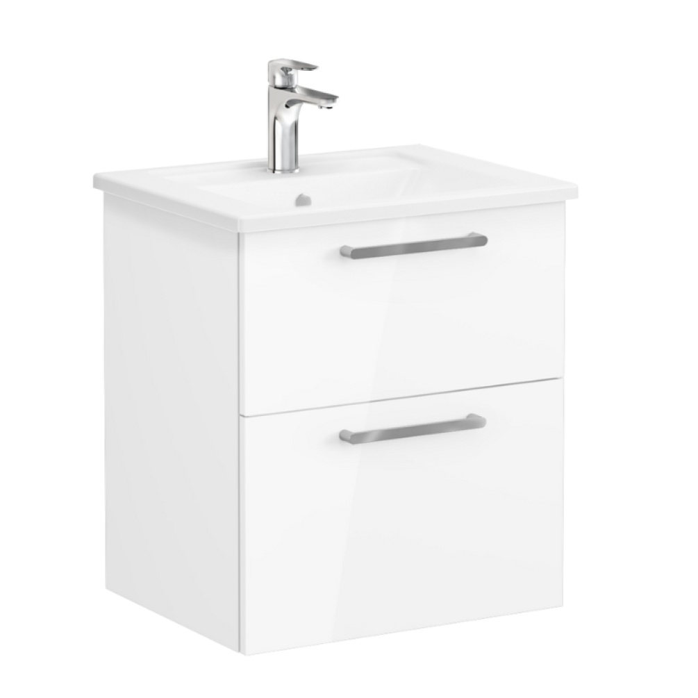 Product Cut out image of VitrA Root Flat White 600mm Washbasin Drawers Unit 67942 with chrome handles