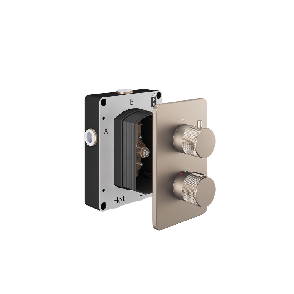 Product Cut out image of the Abacus Iso Pro Brushed Nickel 3 Outlet 2 Handle Thermostatic Shower Valve