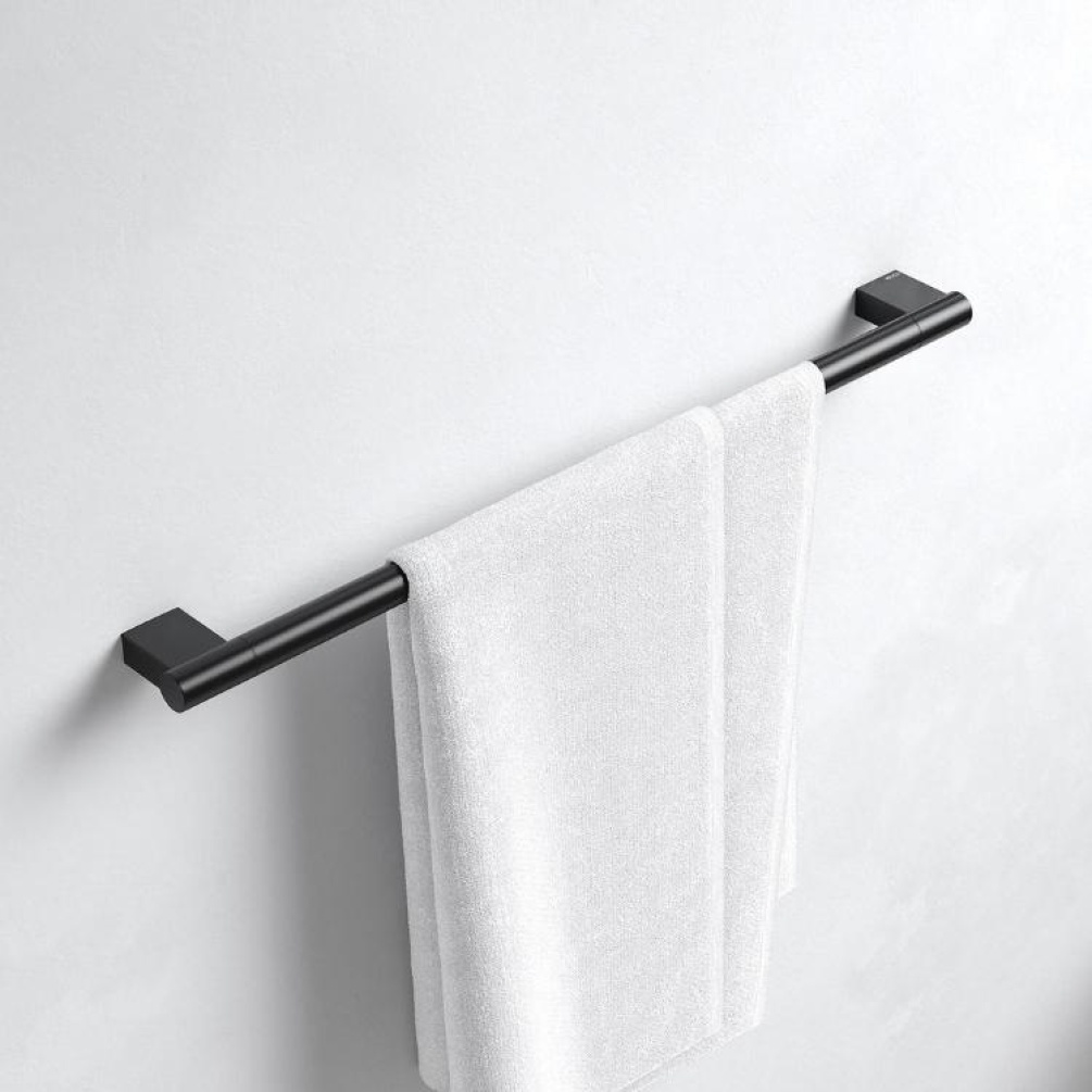 Lifestyle image of the Keuco Plan 850mm Matt Black Towel Rail with handing towel