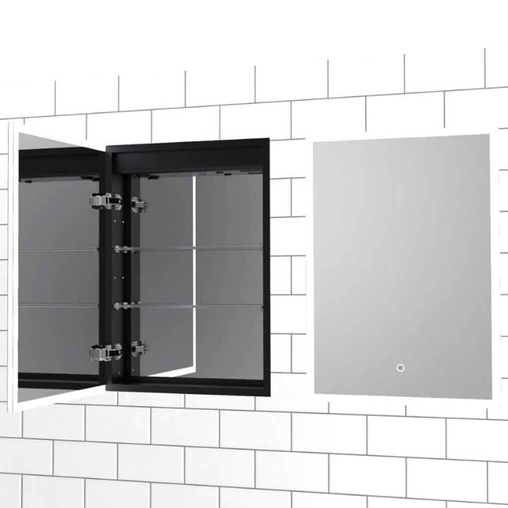 Close up product image of an open and closed Sensio Eclipse Recessed LED Mirror Cabinet SE30298T0