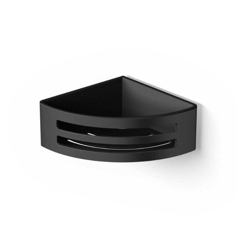Product Cut out image of the HIB Matt Black Corner Shower Basket with Removable Tray