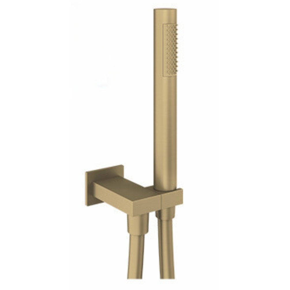 Product cut out image of the Abacus Emotion Brushed Brass Handset with Hose, Square Wall Outlet & Holder