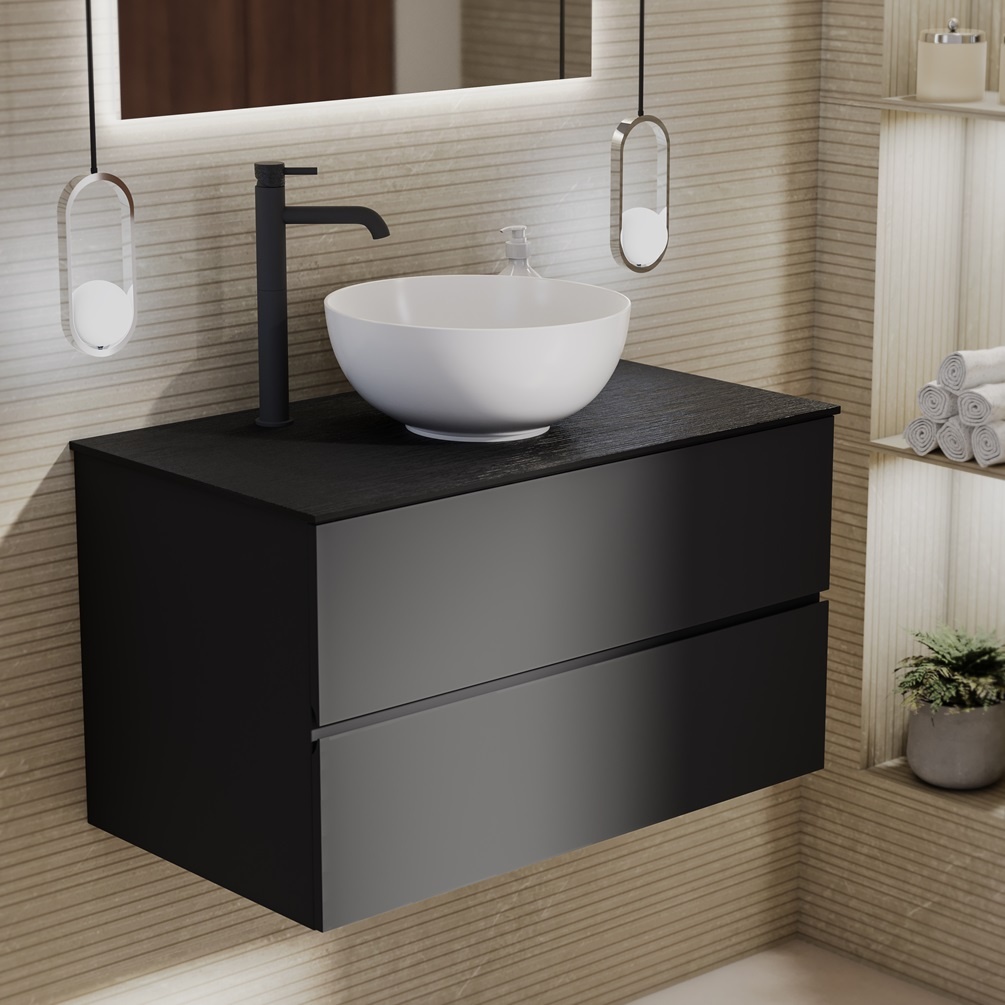 Product lifestyle image of Zero Matt Black 800mm Double Drawer Wall Hung Vanity Unit and Mune Black Worktop 1042-BL1167C-L049K