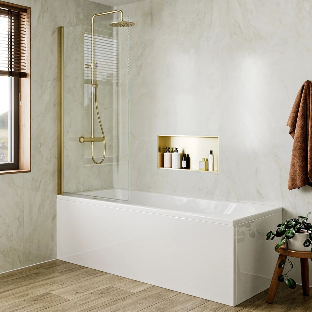 Lifestyle image of Crosswater Clear 6 Brushed Brass Single Panel Hinged Bath Screen